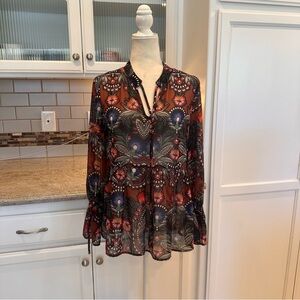 Molly Bracken Floral Sheer Blouse - Red Blue and Black -Peplum V-Neck